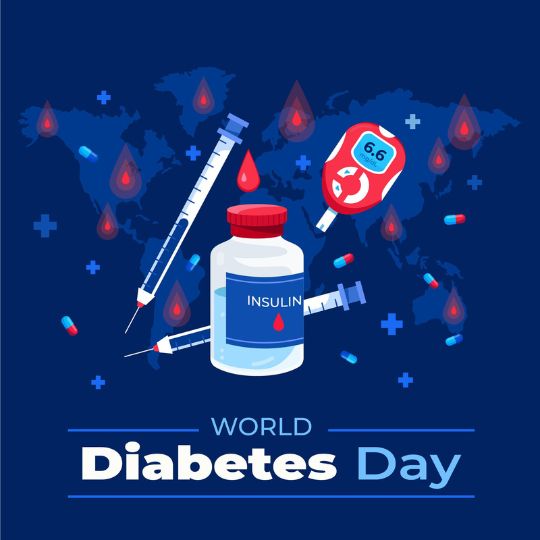 Illustration for World Diabetes Day with a Map Background, Insulin Vial, Syringes, Blood Drops, Glucose Meter Showing 6.6 Mmol/l, and Pills Symbolizing Diabetes Awareness and Management.