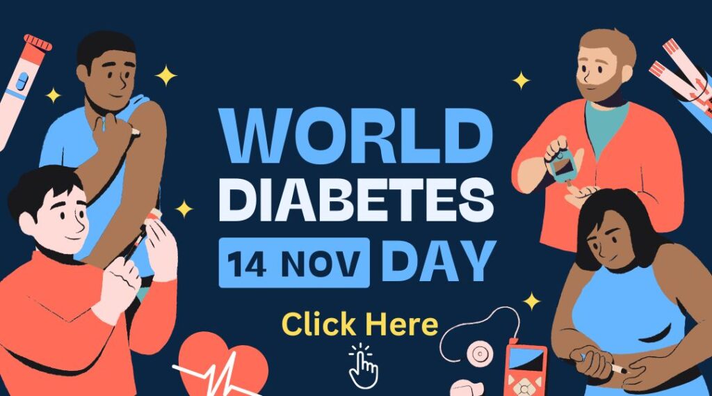 Illustration Promoting World Diabetes Day on November 14, Showing Diverse Individuals Checking Their Blood Glucose Levels and Injecting Insulin, with Medical Icons Like Glucose Meters and Syringes Surrounding Them. the Central Text Reads 'World Diabetes Day 14 Nov' in bold letters, with a 'Click Here' call-to-action below.