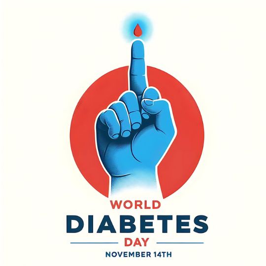 Illustration for World Diabetes Day Showing a Raised Blue Hand with a Drop of Blood on the Fingertip, Symbolizing Blood Glucose Testing, with the Text 'World Diabetes Day, November 14th' below.