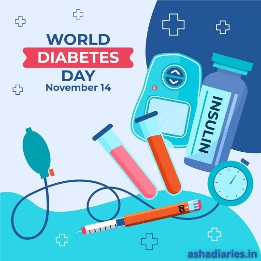 Illustration for World Diabetes Day, Observed on November 14, Featuring Diabetes-related Items Like an Insulin Vial, Glucose Monitor, Test Tubes, Blood Pressure Cuff, Clock, and Syringe, with 'World Diabetes Day' written in bold at the top and ashadiaries.in watermark at the bottom.