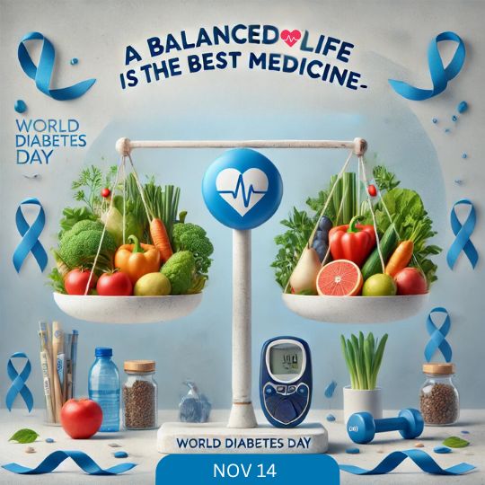 Illustration for World Diabetes Day Featuring a Balanced Scale with Fresh Fruits and Vegetables, Symbolizing Healthy Eating. Surrounding Elements Include Blue Diabetes Awareness Ribbons, a Glucose Monitor, a Dumbbell, a Water Bottle, and Nutrition Items, with the Message 'A Balanced Life is the Best Medicine' highlighted above. Date shown as November 14.