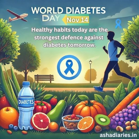 Illustration for World Diabetes Day, November 14, Featuring a Runner Promoting Healthy Habits, Surrounded by Fruits and Vegetables Symbolizing a Balanced Diet, a Water Bottle Labeled 'Diabetes,' and a blue ribbon for diabetes awareness, set against a serene park background.