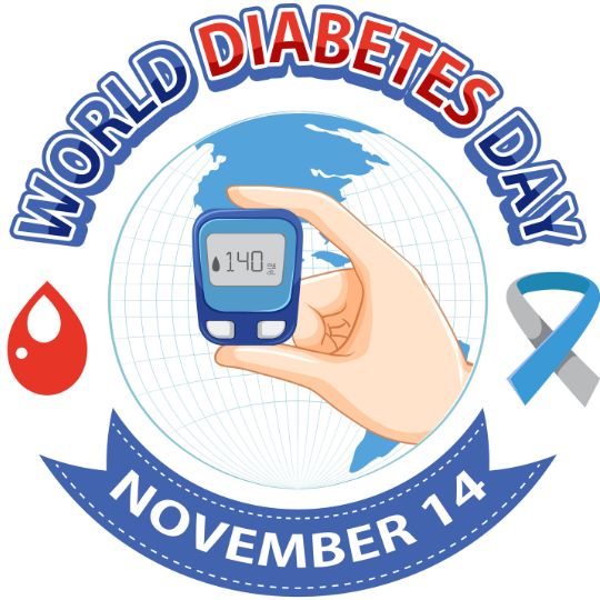 World Diabetes Day Logo with a Blue and Red Theme. a Hand Holding a Glucose Meter Showing a Reading of 140 Mg/dl is Depicted in the Center over a Globe Background. the Logo Includes a Red Blood Droplet and a Blue-gray Awareness Ribbon Symbol, with the Text 'World Diabetes Day' at the top and 'November 14' in a blue banner at the bottom.