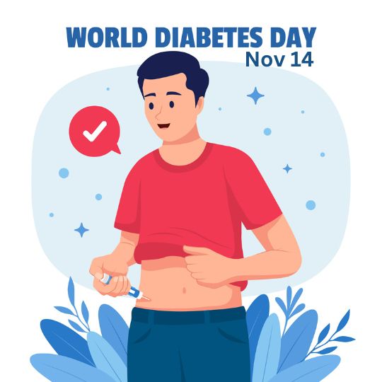 Illustration of a Person Administering an Insulin Injection into Their Abdomen with a Background of Decorative Plants and Stars, Labeled 'World Diabetes Day' at the top, symbolizing diabetes awareness and management.