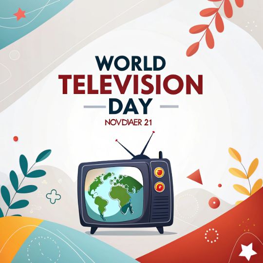 Illustration of a Retro Television with a Globe on Its Screen, Surrounded by Colorful Abstract Designs and Floral Patterns, Featuring the Text 'World Television Day - November 21'