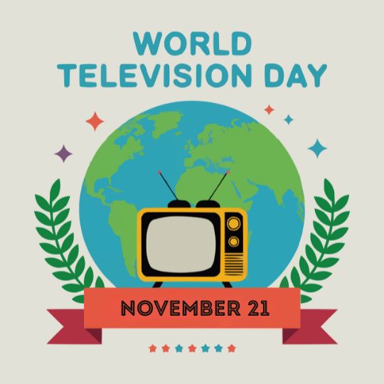 Illustration of World Television Day Celebrated on November 21, Featuring a Retro Television, a Globe in the Background, Colorful Stars, and Laurel Wreaths with a Ribbon Displaying the Date.