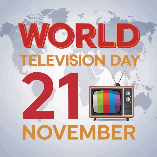 Illustration Celebrating World Television Day on November 21, Featuring Bold Red Text, a Colorful Retro Television Set, and a World Map Background.