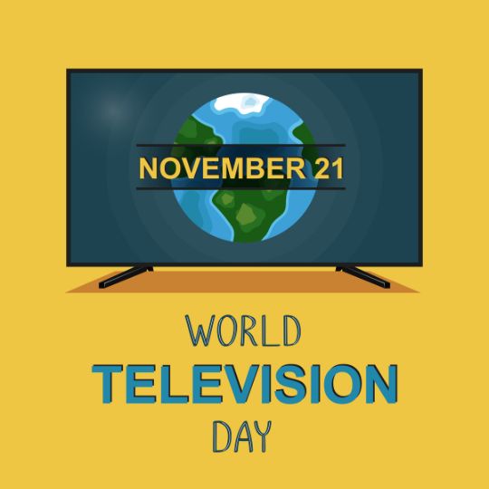 Illustration of a Television with a Globe on the Screen Displaying 'November 21,' symbolizing World Television Day with a yellow background and bold text below.