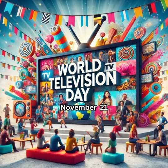 Colorful Illustration Celebrating World Television Day on November 21, Featuring a Vibrant Scene with a Giant Tv Screen Displaying Various Shows and People Gathered Around Enjoying the Event, Surrounded by Festive Decorations.