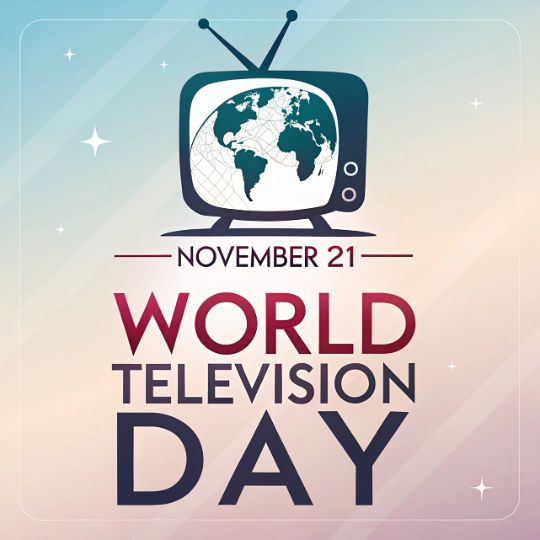 World Television Day Poster with a Vintage Television Displaying a Globe, Marked with the Date November 21, on a Pastel Gradient Background with Star-like Sparkles.