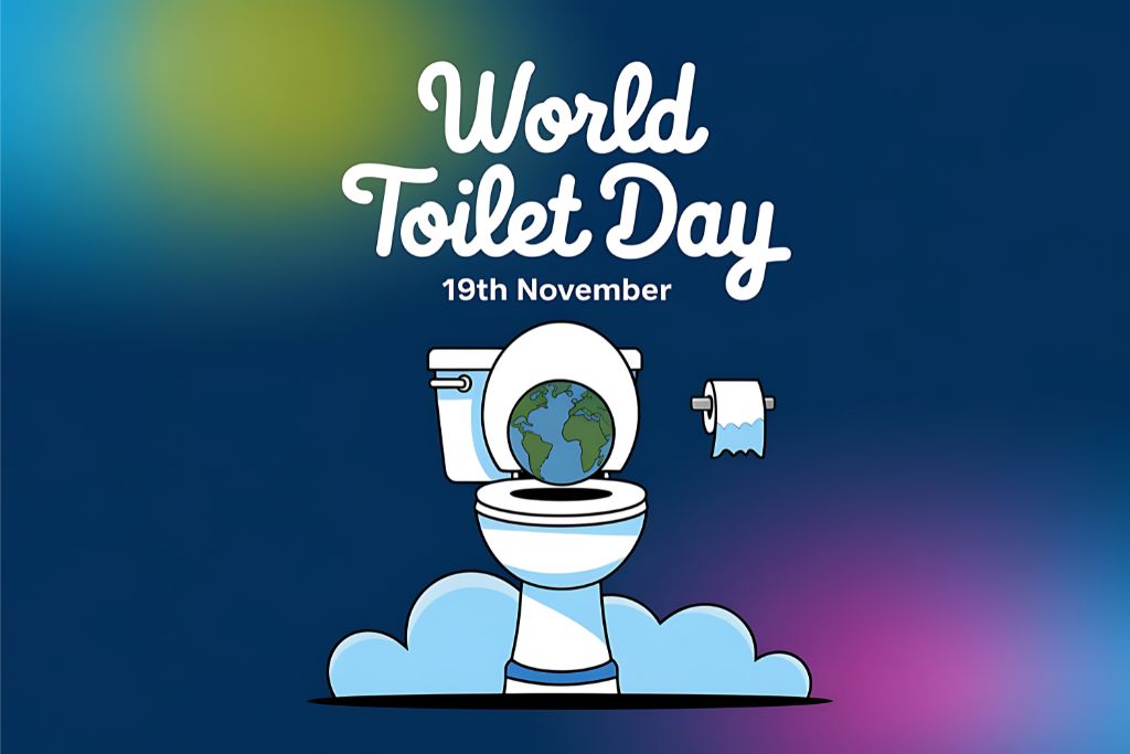 World Toilet Day Poster with a Toilet Featuring a Globe on the Lid, Toilet Paper Roll, and a Background with Colorful Gradients, Dated 19th November.