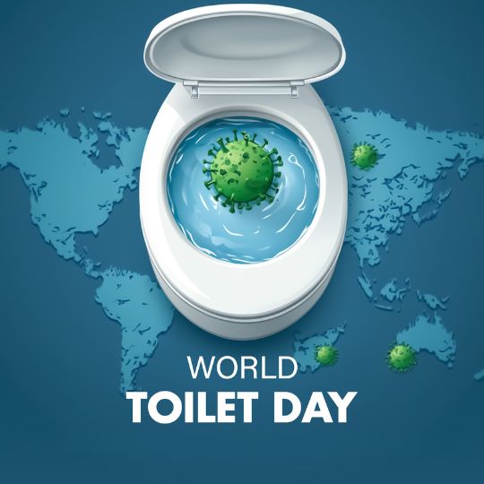 Image Depicting a Toilet with a Virus-like Green Particle Floating in the Water, Set Against a World Map Background, Symbolizing Sanitation and Health for World Toilet Day.