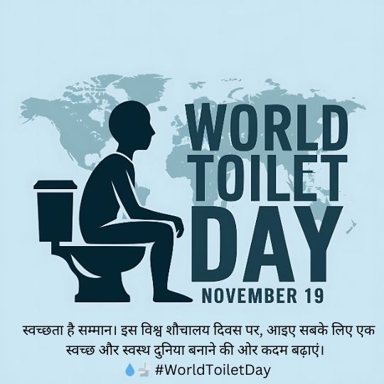 World Toilet Day November 19 Awareness Poster with a Silhouette of a Person Sitting on a Toilet Against a World Map Background, Promoting Cleanliness and the Importance of Sanitation with a Hindi Message and Hashtag #worldtoiletday.