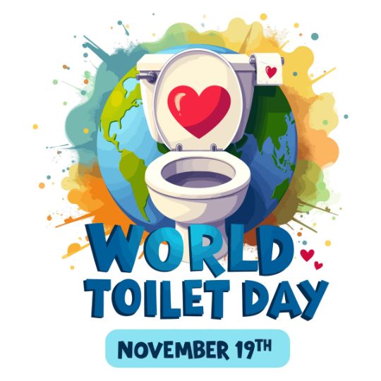 Illustration of a Toilet with a Heart Symbol on Its Lid, Placed Against a Globe Backdrop with Colorful Splashes, Highlighting 'World Toilet Day' and the date 'November 19th'.