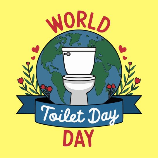 Illustration of a Toilet with the Earth in the Background, Surrounded by Flowers and Hearts, with the Text 'World Toilet Day' on a yellow background.