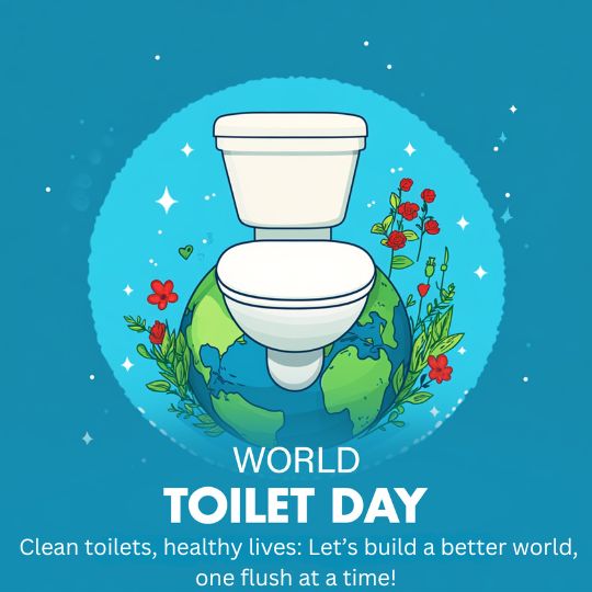 Illustration for World Toilet Day Showing a Toilet Placed on a Globe Surrounded by Greenery and Flowers, Symbolizing Cleanliness, Health, and Environmental Care with the Tagline 'Clean toilets, healthy lives: Let’s build a better world, one flush at a time!'