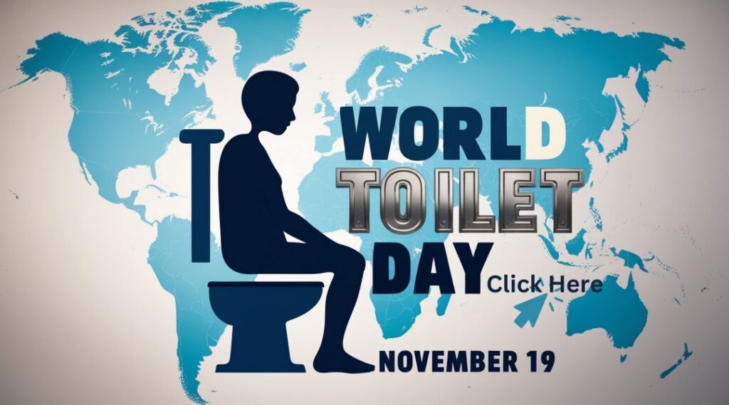 Illustration for World Toilet Day with a Silhouette of a Person Sitting on a Toilet, a World Map in the Background, and the Text 'World Toilet Day - November 19.'