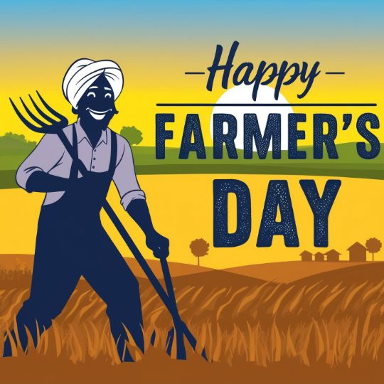 Illustration of a Smiling Farmer Holding a Pitchfork in a Golden Wheat Field with a Sunrise in the Background, Text Reading 'Happy Farmer's Day' in bold blue letters.