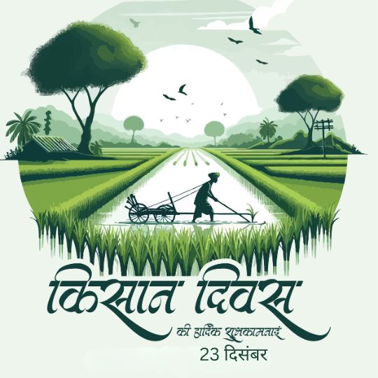 Illustration of a Farmer Plowing a Lush Green Field Under a Bright Sun with Birds Flying in the Sky, Trees, and a Village in the Background, Featuring Hindi Text 'किसान दिवस की हार्दिक शुभकामनाएं' (Kisan Diwas Greetings) and the date '23 दिसंबर' (December 23).