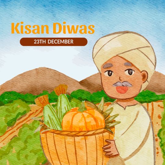 Illustration of a Farmer Holding a Basket of Fresh Vegetables, with Fields and Hills in the Background, Celebrating Kisan Diwas on 23rd December.