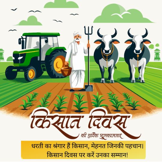 Illustration of a Farmer Standing in a Lush Green Field with a Plow, a Pair of Oxen, and a Tractor in the Background, Celebrating Kisan Diwas with the Text 'किसान दिवस की हार्दिक शुभकामनाएं' and a message appreciating farmers' hard work.