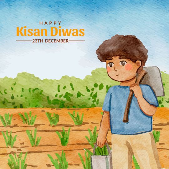 Illustration of a Young Farmer in a Field Carrying a Hoe and a Bag, Celebrating National Farmers' Day (Kisan Diwas) on 23rd December with a vibrant agricultural background.