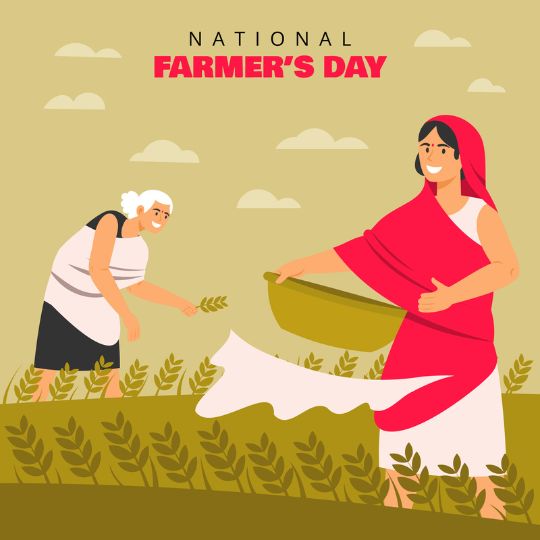 Illustration of Two Women Farmers Harvesting Crops in a Field Under a Cloudy Sky, with "national Farmer's Day" written at the top.