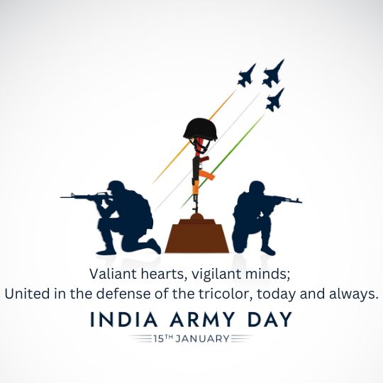 Illustration Commemorating India Army Day Featuring Two Silhouettes of Soldiers in Combat Positions on Either Side, a Central Image of a Soldier's helmet atop a stand surrounded by jets and colored trails, and the text 'Valiant hearts, vigilant minds; United in the defense of the tricolor, today and always. India Army Day 15th January.'