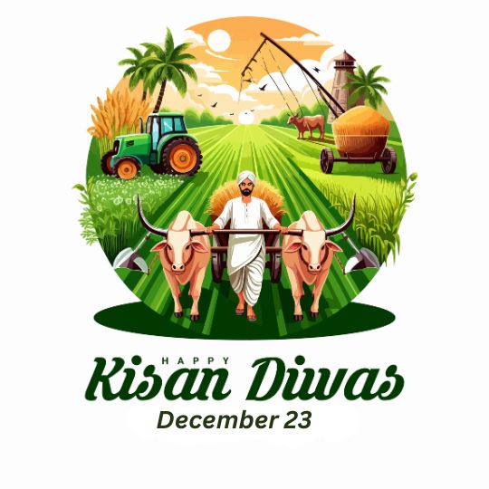 Illustration for Kisan Diwas (farmer's Day) celebrated on December 23, featuring a farmer plowing a field with oxen, surrounded by greenery, a tractor, a hay cart, and a scenic rural backdrop.