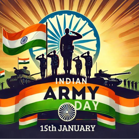 Indian Army Day Illustration with Soldiers Saluting Against a Backdrop of the Indian Flag and Ashoka Chakra, Tanks, and Tricolor Banners, Celebrating the Event on 15th January.