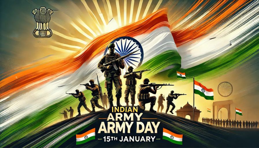 Indian Army Day Poster Featuring Soldiers in Action, Indian Flag, and National Symbols