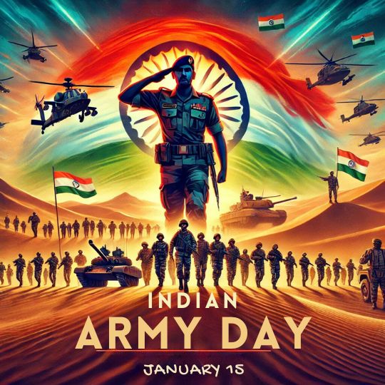 Illustration of Indian Army Day Celebration with a Soldier Saluting in the Foreground, the Indian National Flag in the Background, Along with Tanks, Helicopters, and Marching Soldiers, Symbolizing Strength and Patriotism. Text Reads 'Indian Army Day, January 15.'