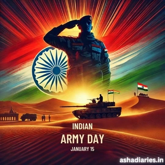 Illustration for Indian Army Day Celebrated on January 15, Featuring a Saluting Soldier, the Indian Tricolor, Ashoka Chakra, a Tank, and Desert Landscape with Patriotic Elements.