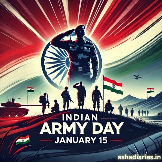 Illustration of Indian Army Day Celebrated on January 15, Featuring Soldiers Saluting Against the Backdrop of the Indian Flag and Tricolor-inspired Rays, with Tanks and Mountains Symbolizing Patriotism and Bravery.