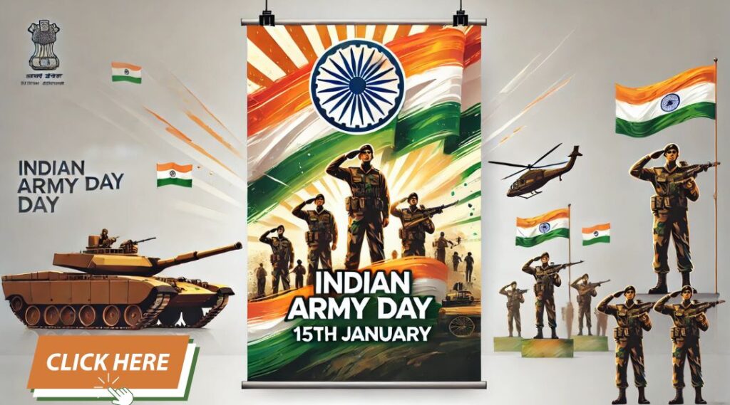 Illustration Celebrating Indian Army Day on 15th January with Soldiers Saluting, an Indian Flag Backdrop, a Tank, Helicopter, and Military Personnel, Symbolizing Patriotism and Honor for the Indian Army.