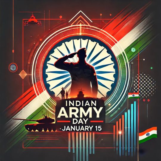 Illustration of Indian Army Day Celebrated on January 15, Featuring a Silhouette of a Saluting Soldier Against the Backdrop of the Ashoka Chakra, Tanks and Indian Flag Elements in a Patriotic Design.