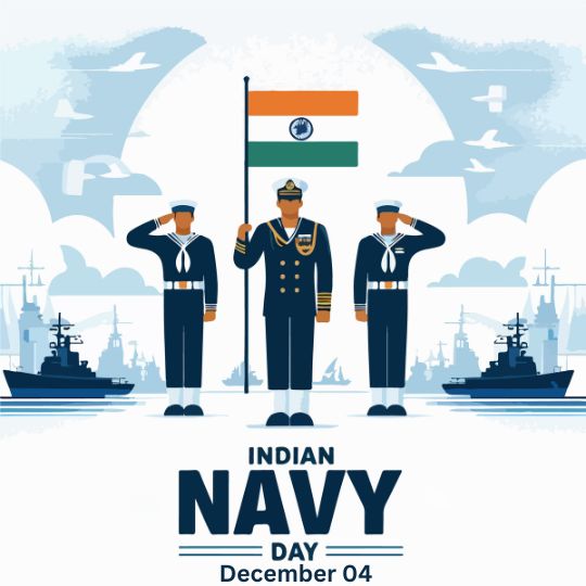 Illustration of Indian Navy Day Celebrated on December 4th, Featuring Three Naval Officers in Uniform Saluting with the Indian Flag in the Center, Ships in the Background, and a Patriotic Theme.