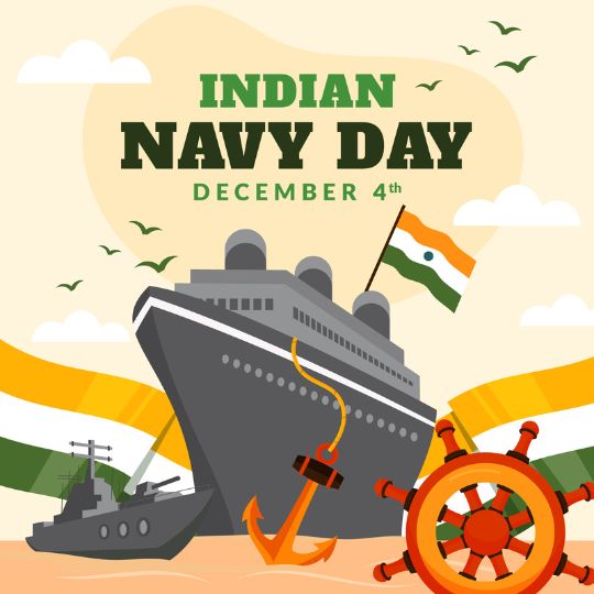 Illustration of Indian Navy Day, Celebrated on December 4th, Featuring Navy Ships, the Indian Flag, an Anchor, and a Steering Wheel with Vibrant Tricolor Waves in the Background.