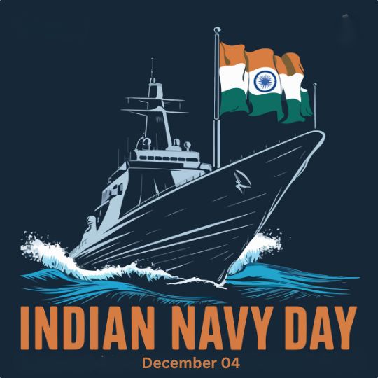 Illustration of an Indian Navy Ship Sailing Through Waves with the Indian Flag, Celebrating Indian Navy Day on December 4.