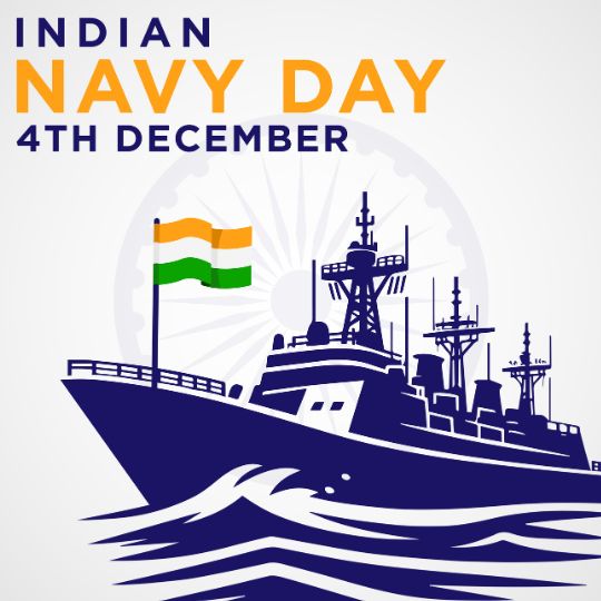 Illustration of a Navy Ship with the Indian Flag, Celebrating Indian Navy Day on 4th December, with a Wave Design and Ashoka Chakra in the Background.