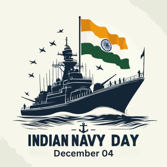 Illustration of a Navy Warship with the Indian National Flag and Fighter Jets in the Background, Commemorating Indian Navy Day Celebrated on December 4th.