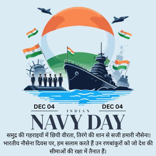 Indian Navy Day Illustration Featuring a Navy Ship, Personnel, and Helicopters with the Indian Flag and Tricolor-themed Backdrop. the Text Highlights the Bravery and Dedication of the Indian Navy in Protecting the Nation's borders. Date mentioned: Dec 04. Text in Hindi salutes the valor of naval warriors.