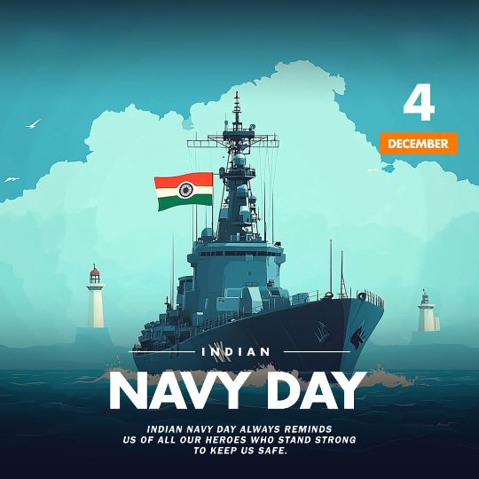 Illustration of an Indian Navy Ship with the National Flag Against a Scenic Background of the Sea and Lighthouses, Commemorating Indian Navy Day on December 4th with a Tribute to the Heroes Who Protect the Nation.