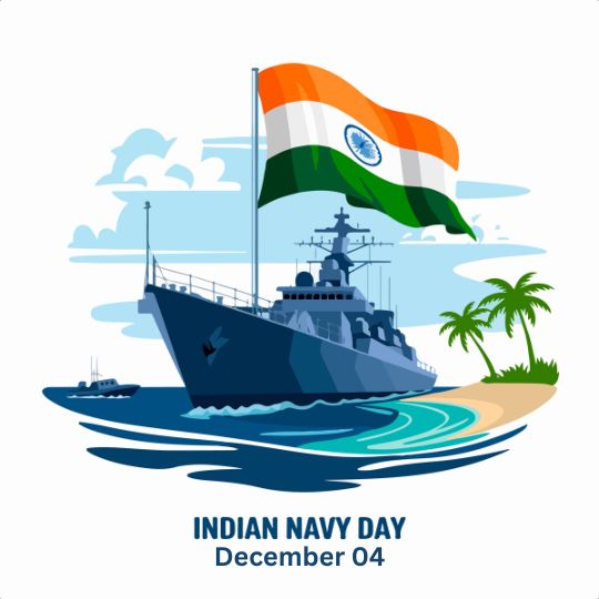 Illustration of a Naval Ship with the Indian National Flag, Palm Trees, and Sea Waves, Commemorating Indian Navy Day, December 04.