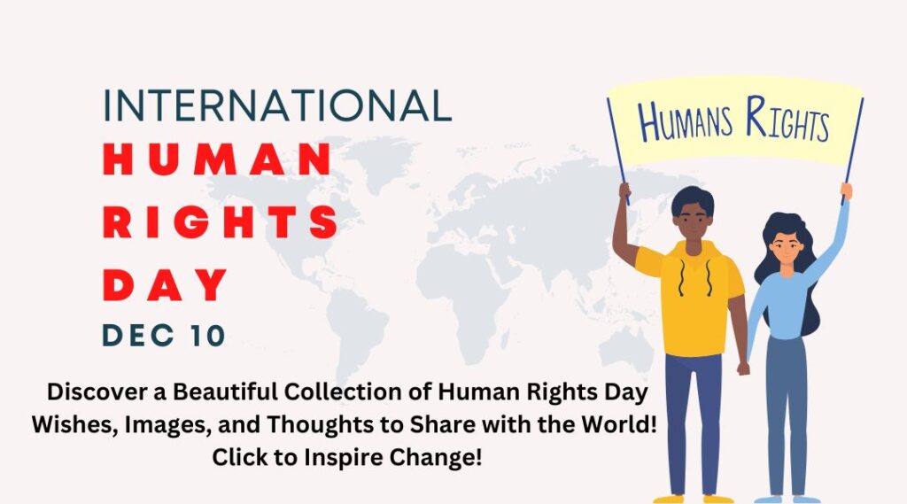 Illustration of Two Individuals Holding a 'Human Rights' banner with the text 'International Human Rights Day, Dec 10' and a call to action to discover wishes, images, and thoughts for sharing on Human Rights Day.