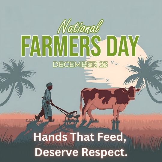 Illustration of a Farmer Plowing a Field with an Ox, Surrounded by Palm Trees, with the Text 'National Farmers Day, December 23' and the caption 'Hands That Feed, Deserve Respect.