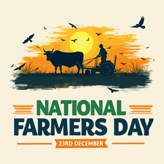 Illustration of National Farmers Day Celebrated on 23rd December, Depicting a Farmer Plowing a Field with Oxen Against the Backdrop of a Sunset and Birds Flying in the Sky.