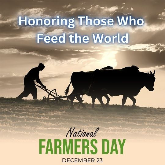 Silhouette of a Farmer Plowing a Field with Oxen Under the Setting Sun, Accompanied by the Text 'Honoring Those Who Feed the World' and 'National Farmers Day, December 23.'