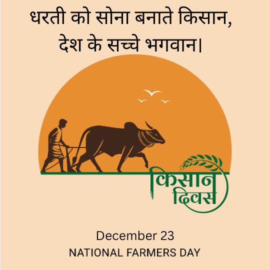 Illustration of a Farmer Plowing the Field with Oxen Under a Rising Sun, Celebrating Kisan Diwas (national Farmers' Day) on December 23, with the Hindi text 'धरती को सोना बनाते किसान, देश के सच्चे भगवान।