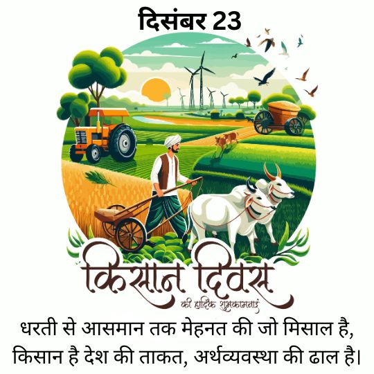 Illustration of National Farmers' Day (December 23) in India, featuring a farmer with oxen in a lush green field, a tractor, windmills, and a message in Hindi celebrating the hardworking spirit of farmers as the backbone of the nation's economy.